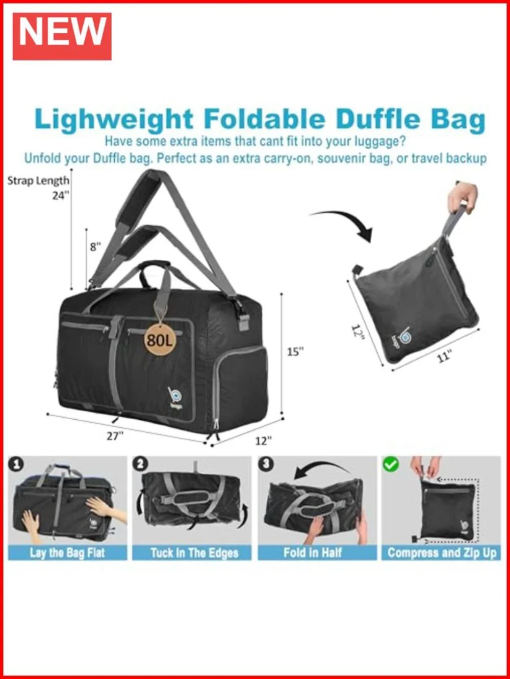 Large 80L Duffle Bag with Shoe Compartment, Foldable & Lightweight Travel